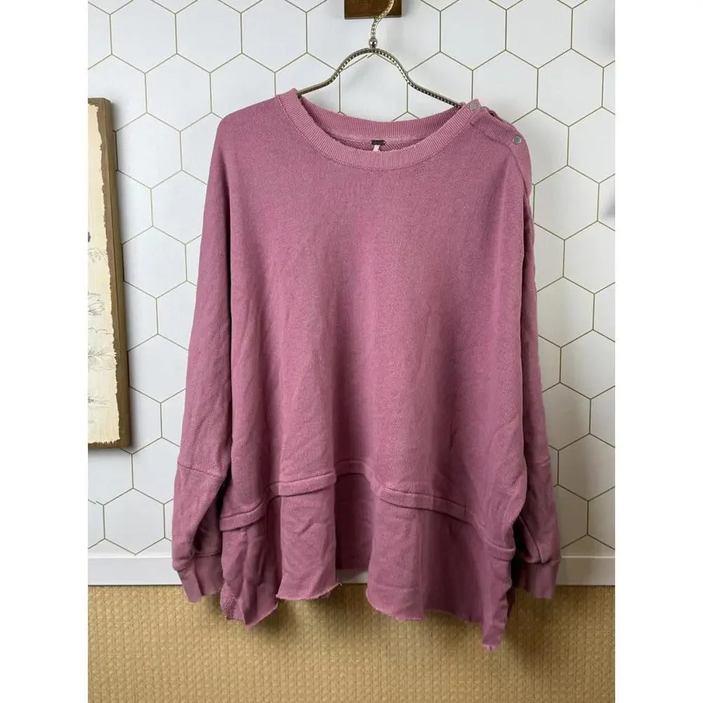 Free People French Terry Pink Oversized Single Snap Sleeve Pullover - Size - XS